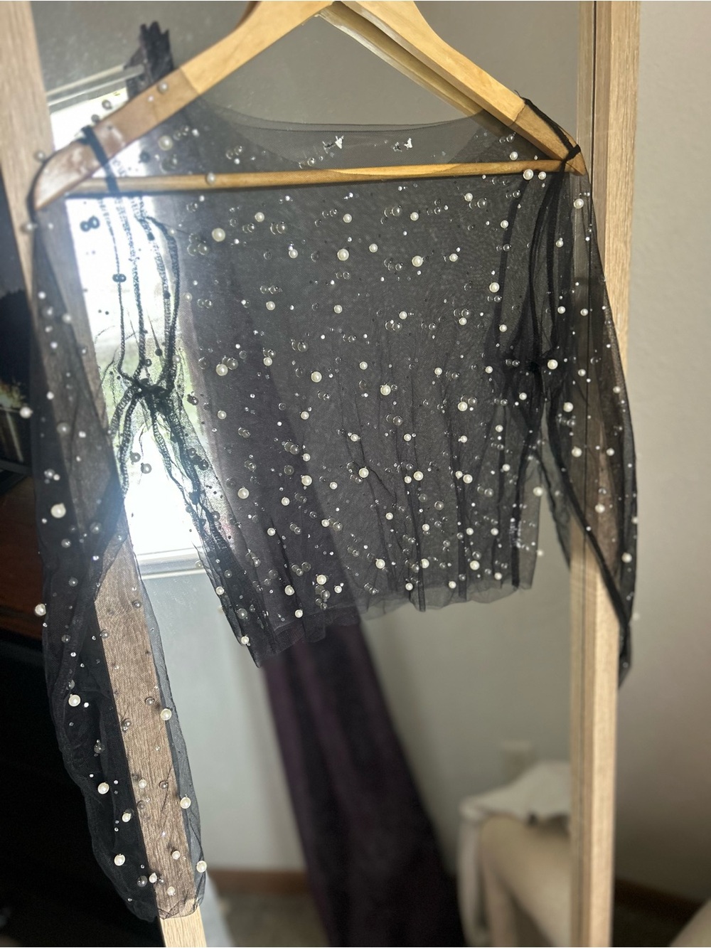 Buckle Black Sheer Mesh Crop Top with Pearl Embellishments